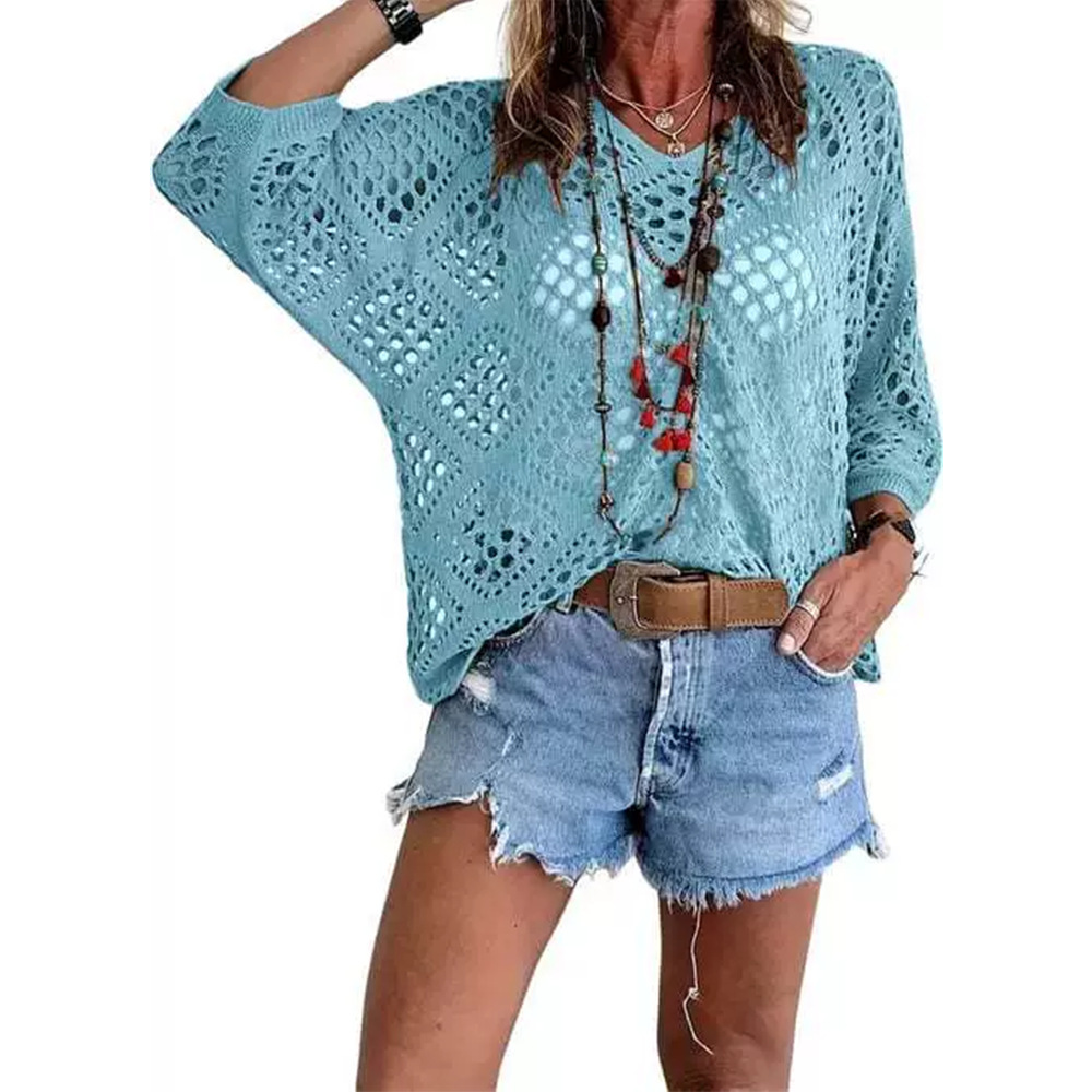V-Neck Diamond Openwork Batwing Sleeve Women's Knit Top