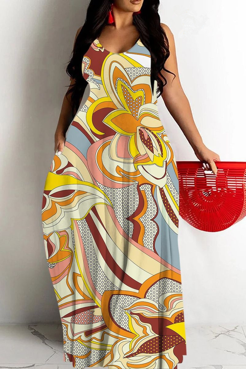 Women's Printed Deep V-Neck Sleeveless Maxi Dress