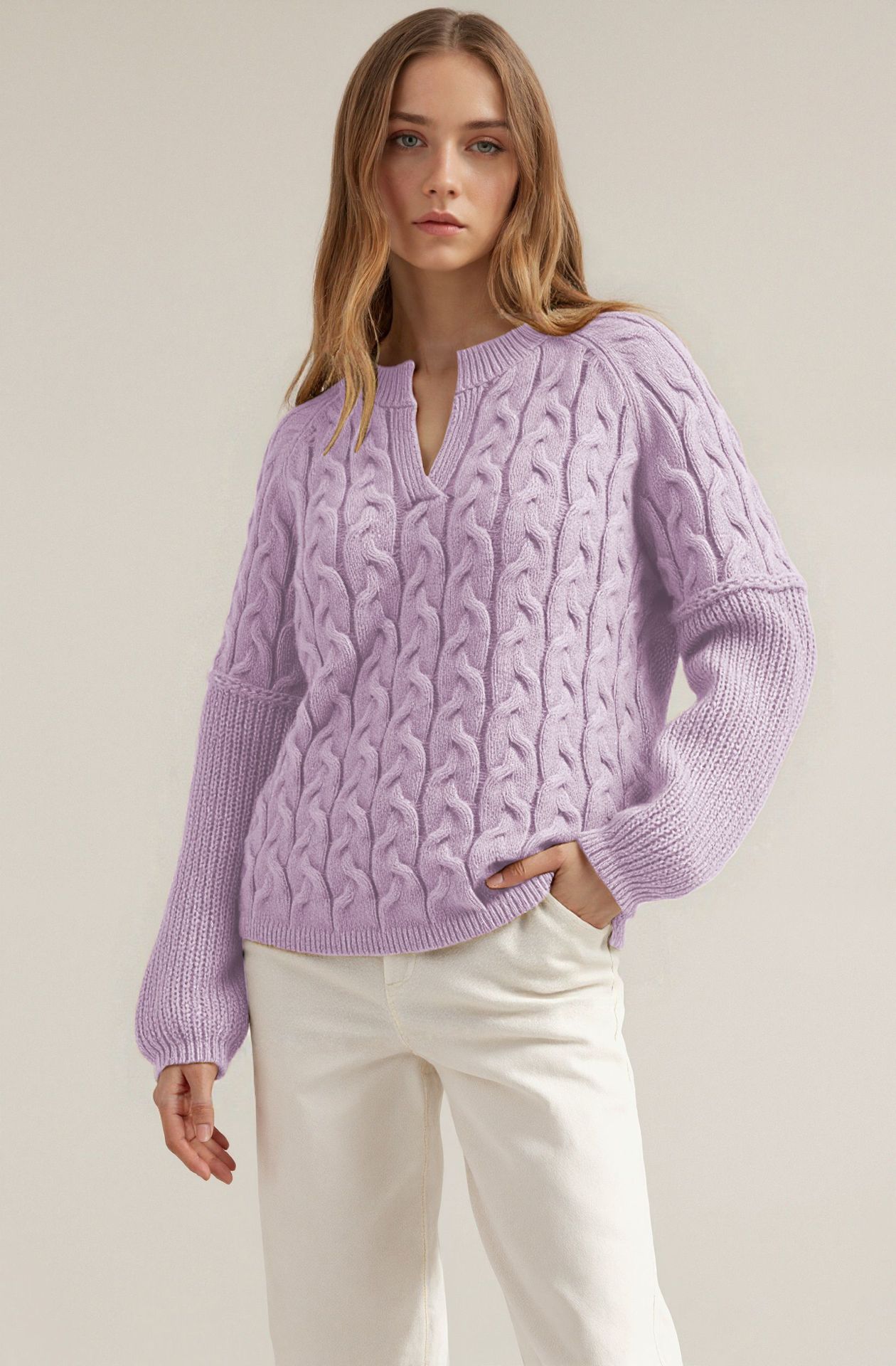 Cable-Knit V-Neck Long-Sleeve Sweater