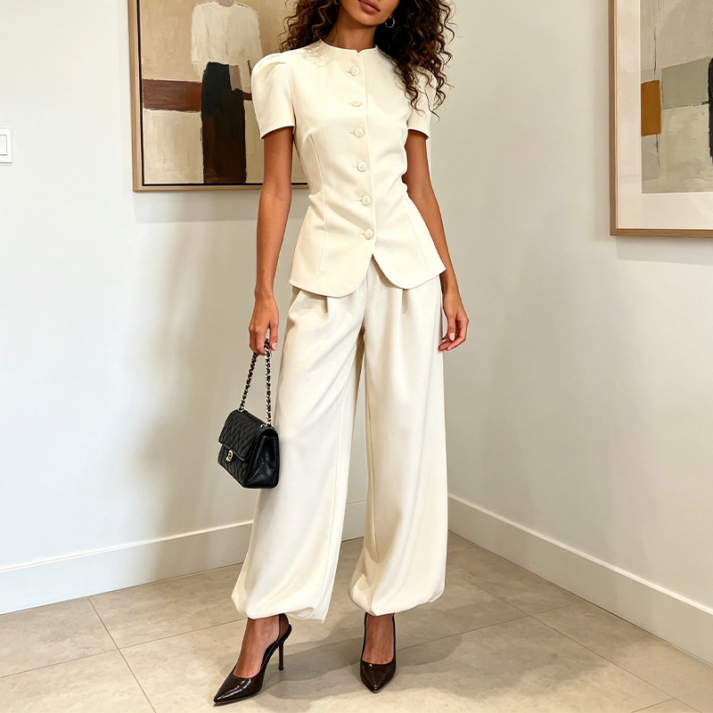 Women's Solid Color Waist-Cinched Short-Sleeve Top and Pants Two-Piece Set