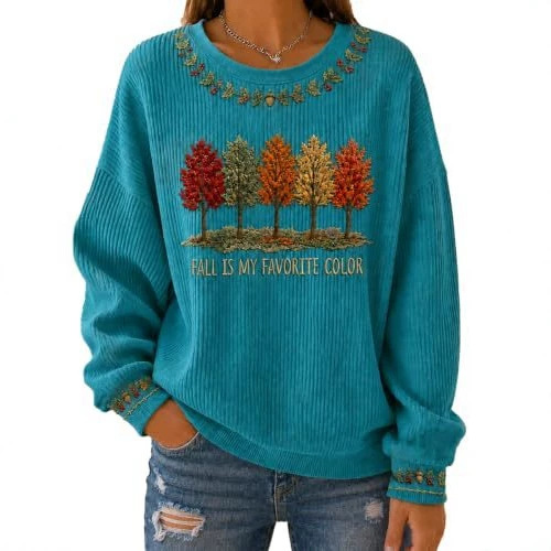Women's Tree & Maple Leaf Print Crewneck Sweatshirt Casual Pullover