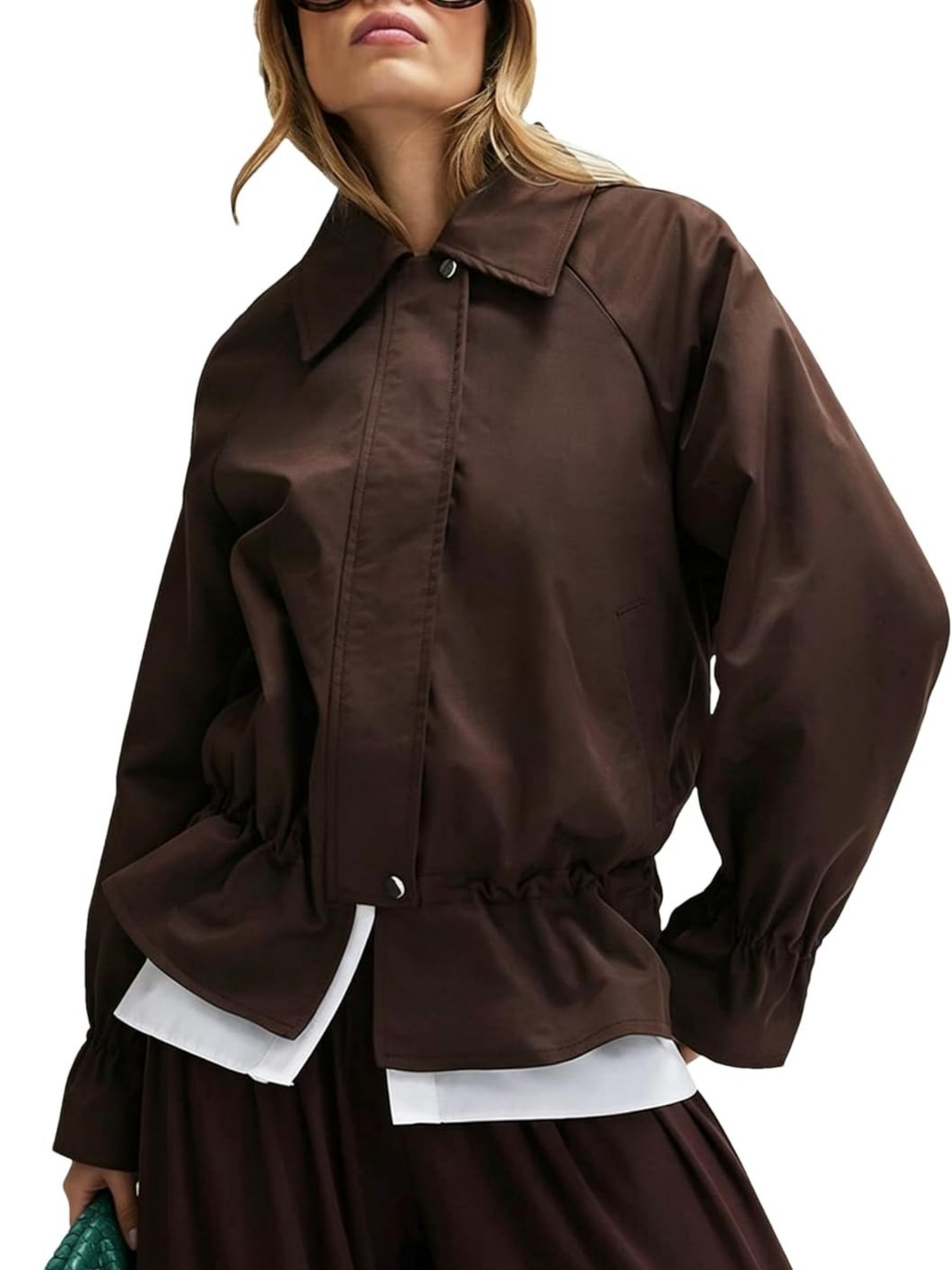 Women's Loose Fit Polo Collar Zip-Up Jacket with Cinched Waist