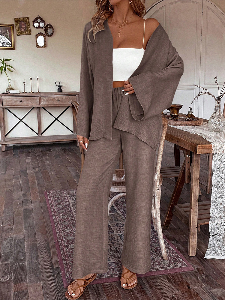 Women's Cotton-Linen Cardigan & Wide-Leg Pants Two-Piece Set