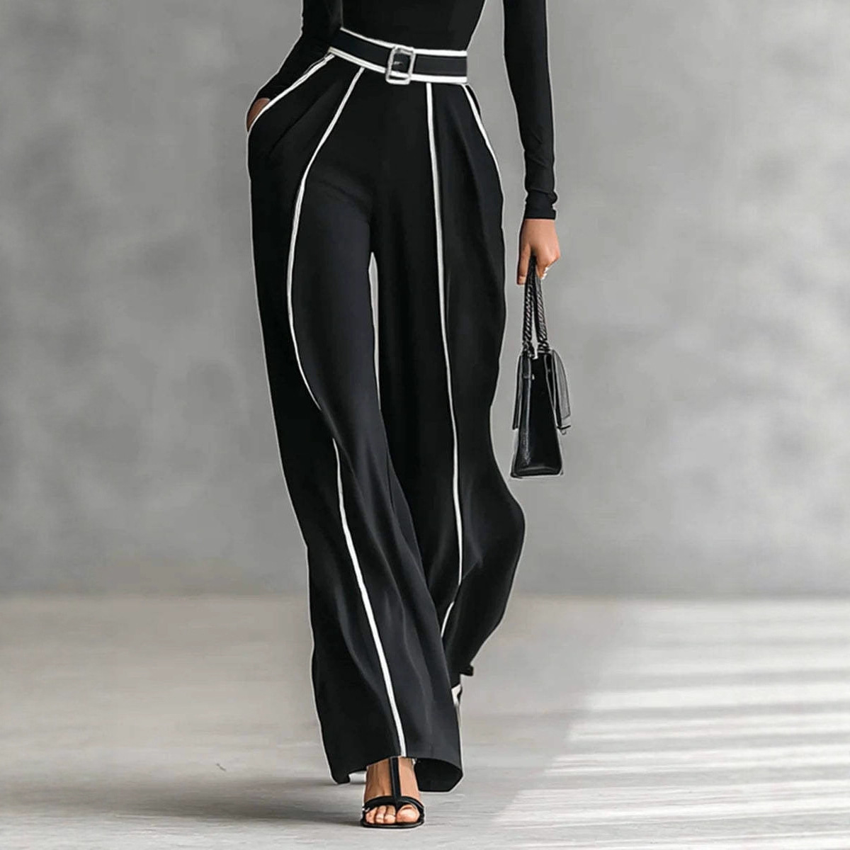Elegant Color-Block Trim Knit Top and Wide-Leg Pants Two-Piece Set