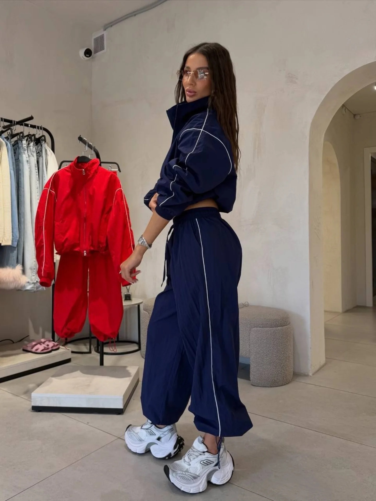 Colorblock Zip-Up Cropped Jacket and Jogger Pants Set