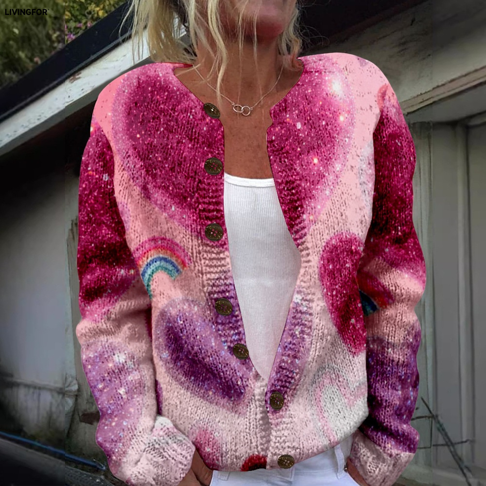 Women's Heart & Flower Print Button Cardigan Sweater