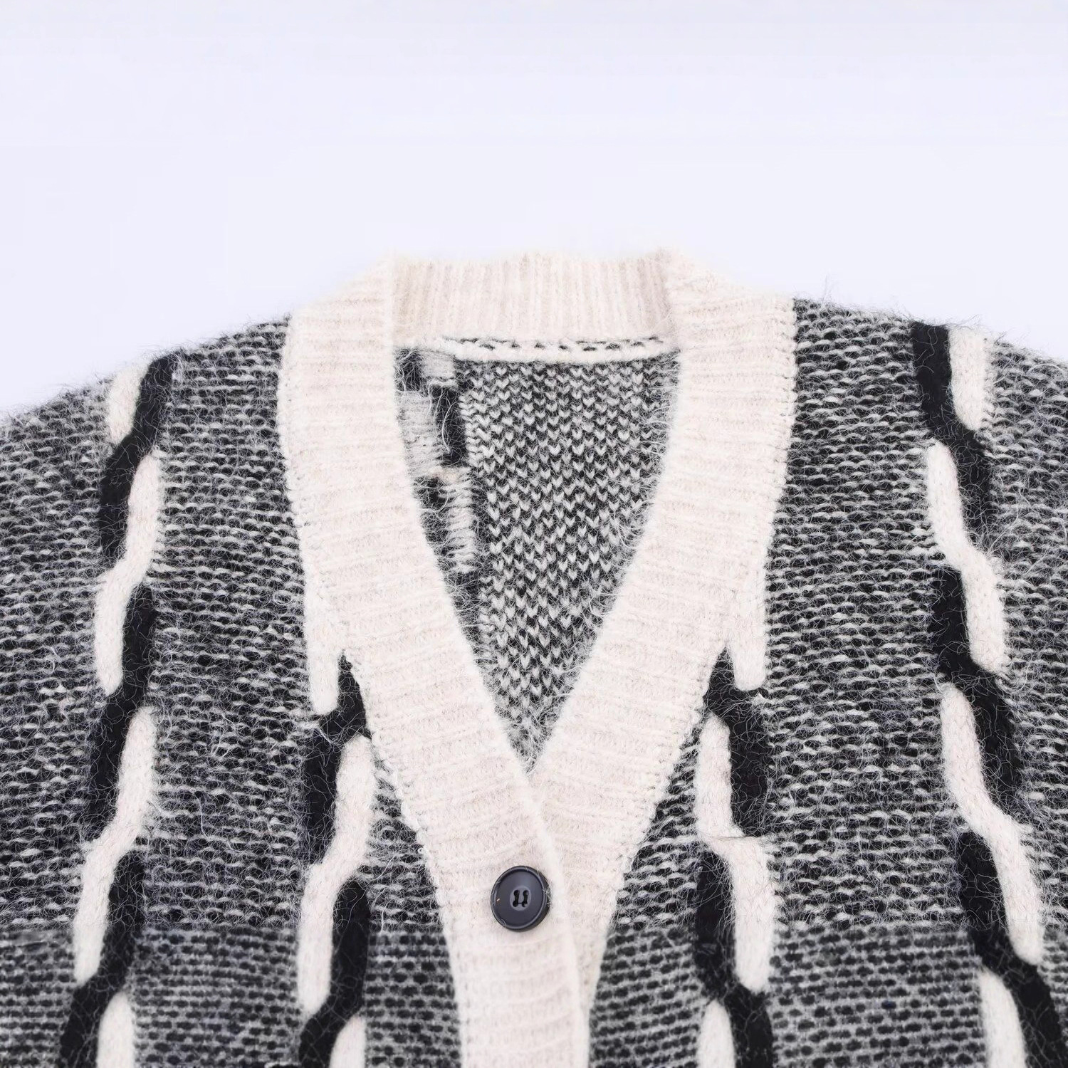 Color-Block Cable-Knit V-Neck Loose Cardigan Sweater