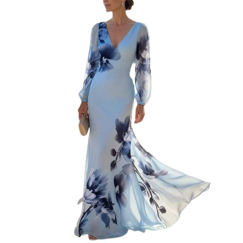 Blue Floral Print Long Sleeve V-Neck Bodycon Maxi Dress