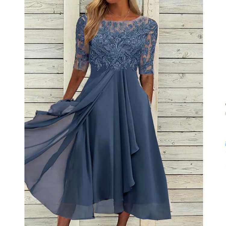 Chiffon Lace Hollow-Out Long Dress Round Neck Short Sleeve High Waist Bridesmaid Evening Gown