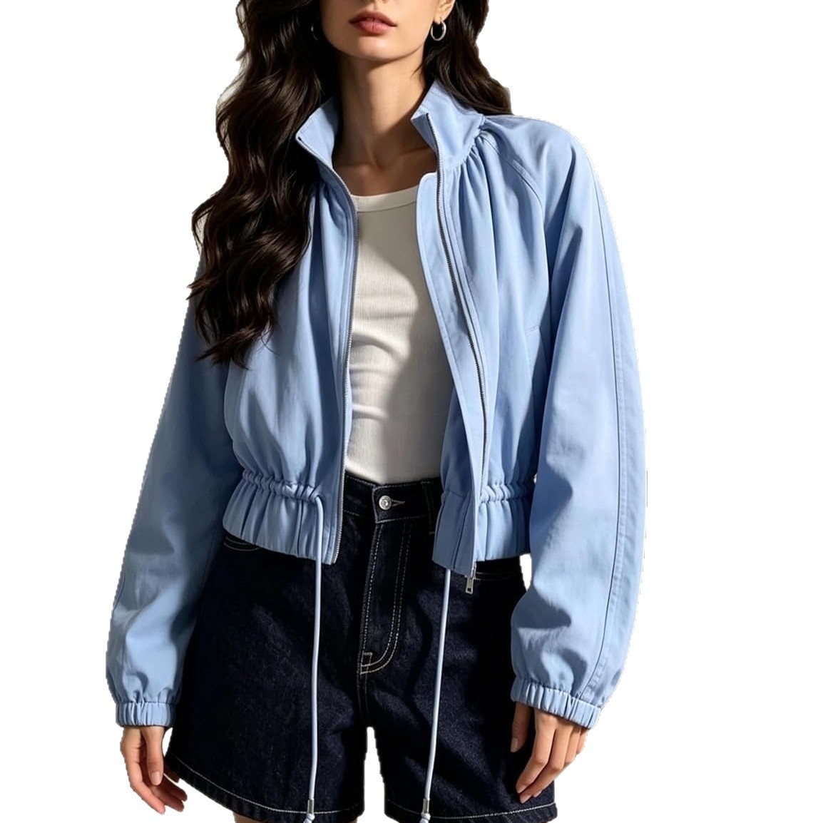 Women's Striped Long Jacket with Lantern Sleeves, Drawstring Waist, Zip Front, Pockets