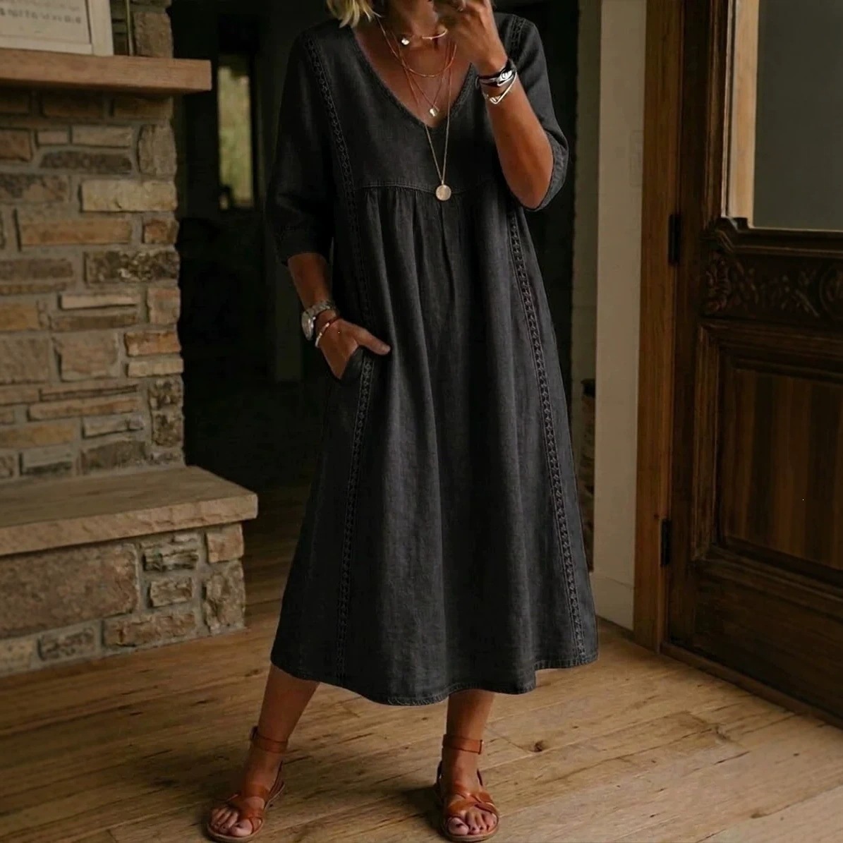 2026 Amazon New Summer European American Cotton Linen V-Neck Loose Slimming Seven-Tenths Sleeve Midi Women's Dress