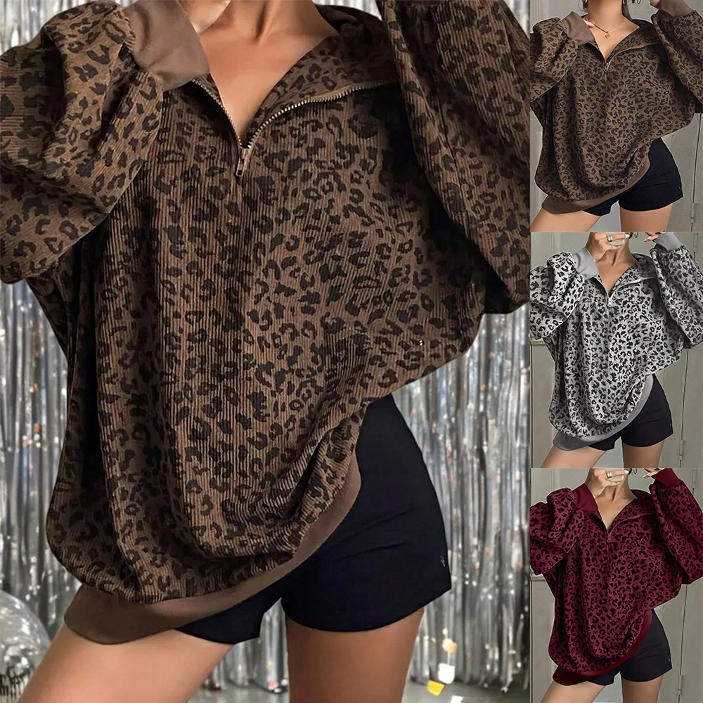 Leopard Print Loose Fit Pullover Sweatshirt with Collar