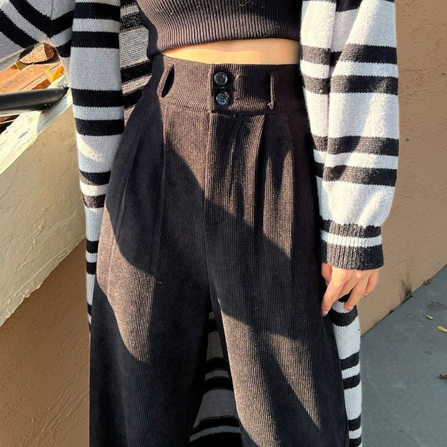 White High-Waist Wide-Leg Fleece-Lined Straight Suit Pants