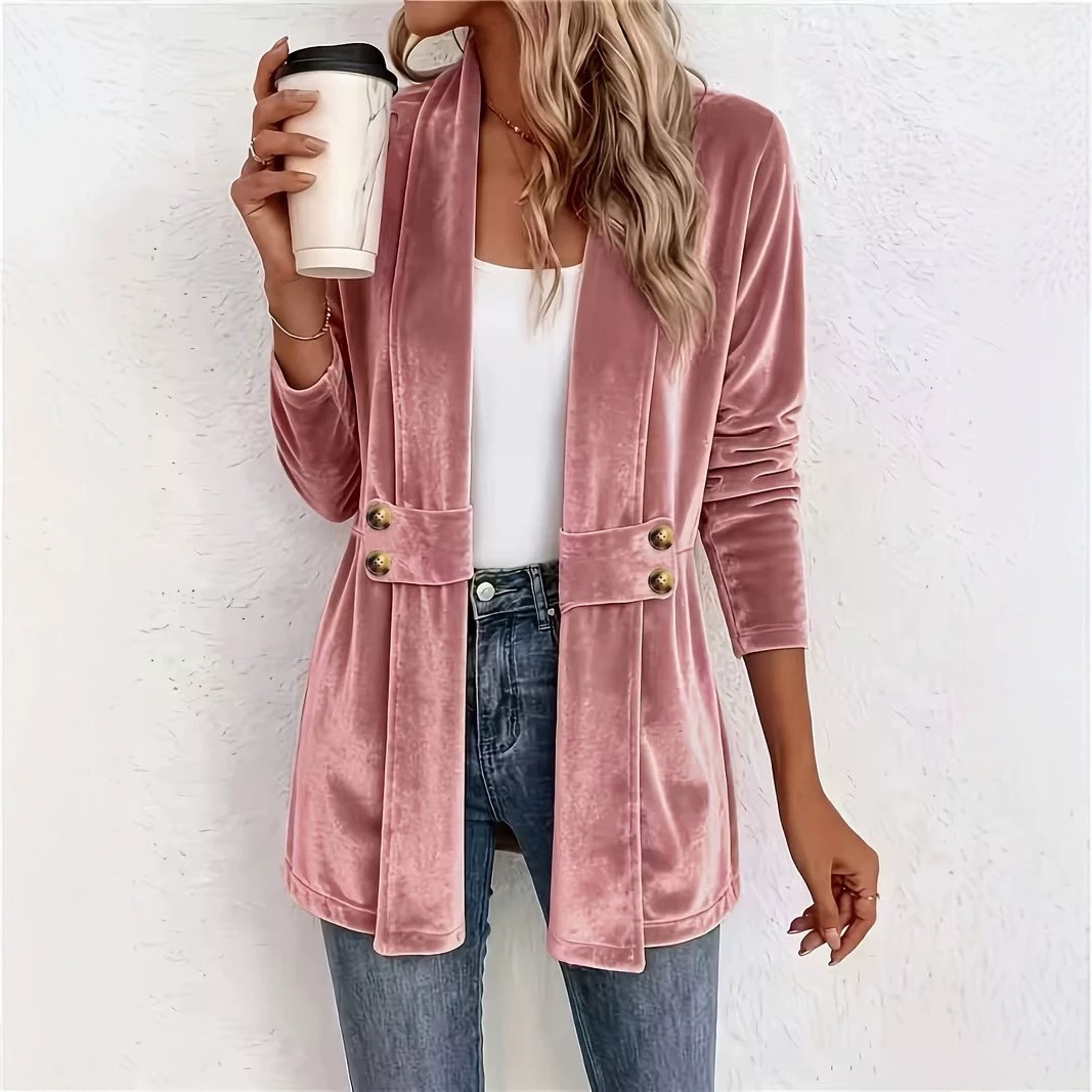 Women's Double-Breasted Gold Velvet Cardigan Lazy Style Mid-Length Top