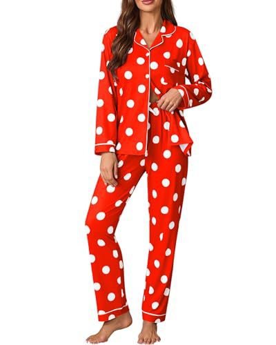 Women's Cuban Collar Polka Dot Print Long Sleeve Button Loungewear Set