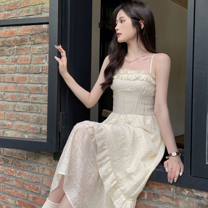 Sweet French Style High-Waist Ruffle Cami Midi Dress