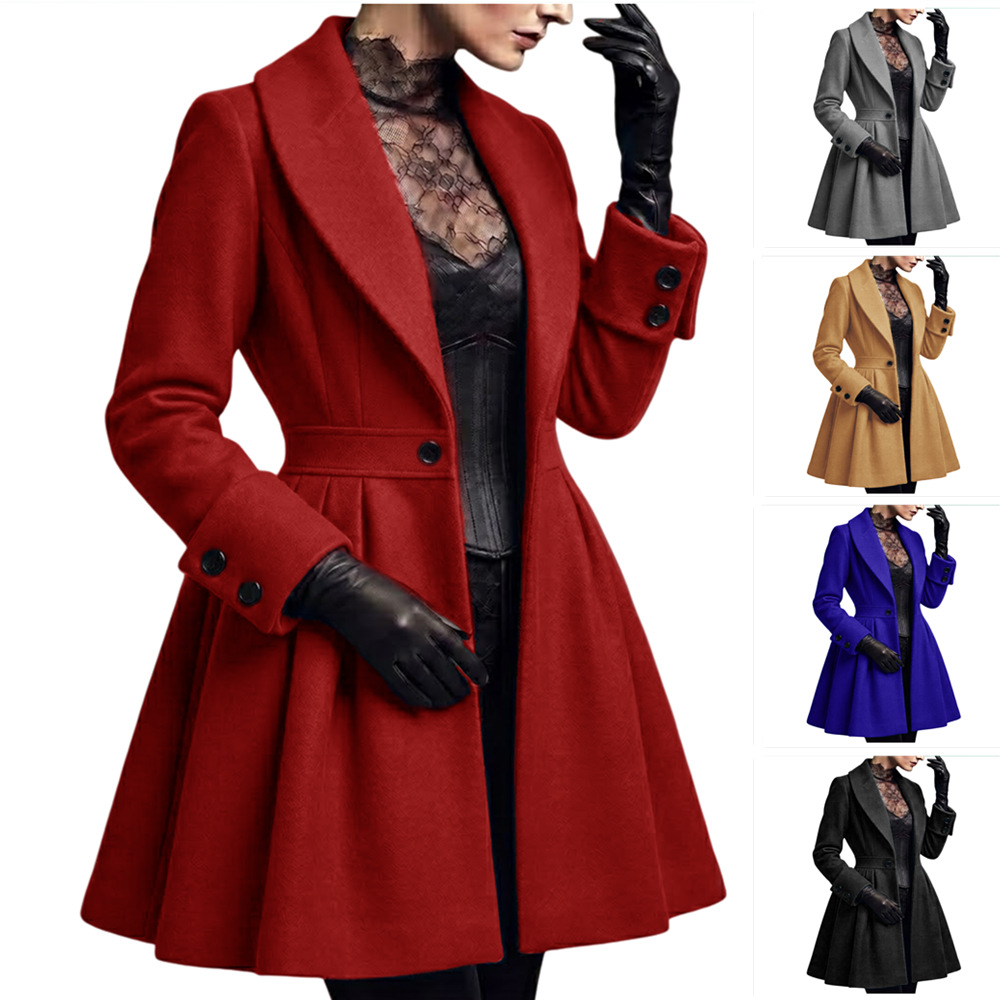 Women's Long Wool-Blend Pleated Coat Dress with One-Button Closure