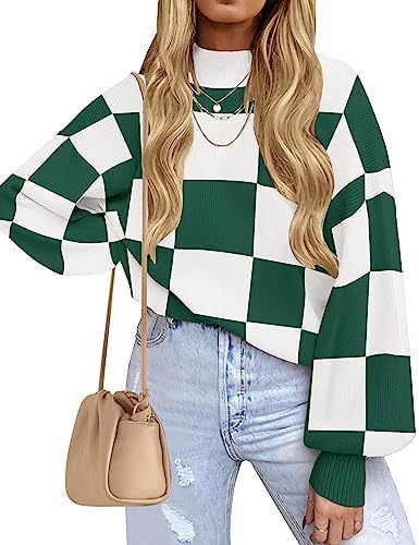 Women's Striped Ribbed Knit Turtleneck Long Sleeve Loose Pullover Sweater