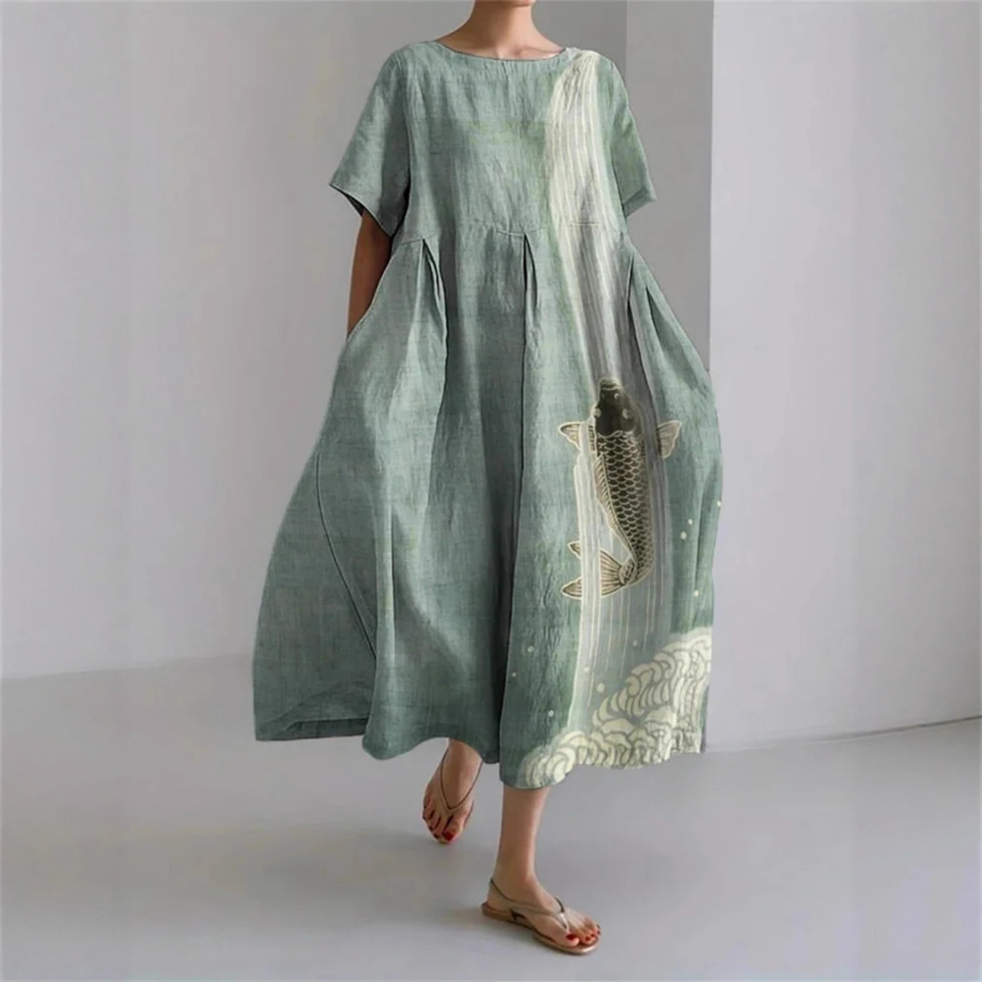Women's Animal Print Casual A-Line Dress with U-Neck and Short Sleeves