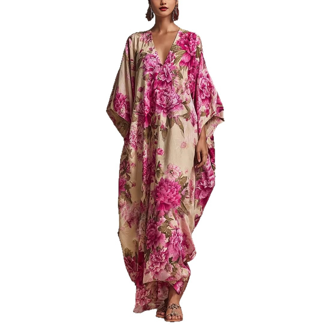 Women's Loose Long Print Dress with Deep V-Neck