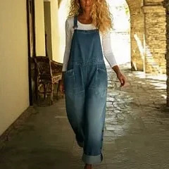 Faux Denim Print Sleeveless Wide-Leg Jumpsuit with Pockets