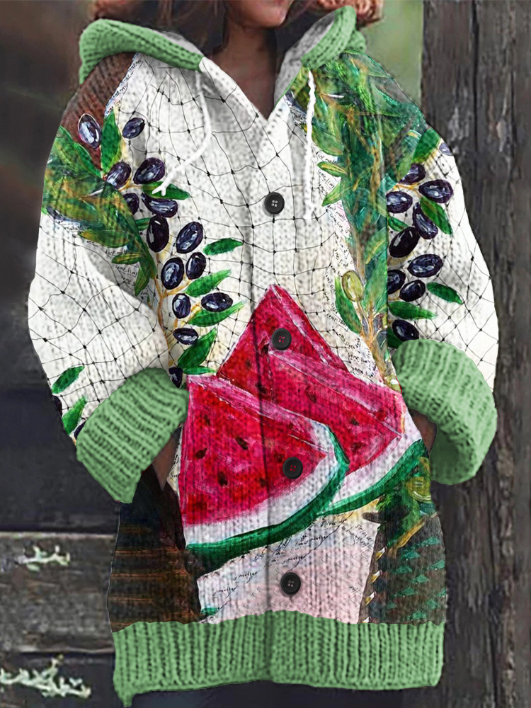 Women's Floral Puppy Rose Print Hooded Button Cardigan Sweater
