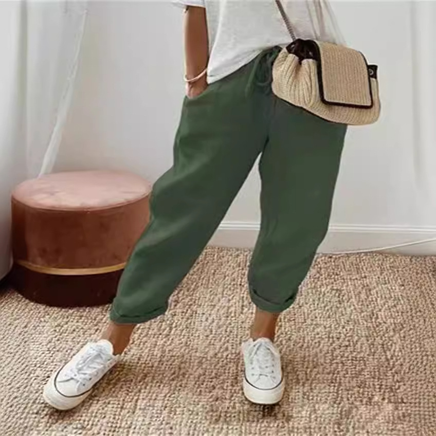 Women's Cotton-Linen Elastic Waist Cropped Pants Casual Loose Fit
