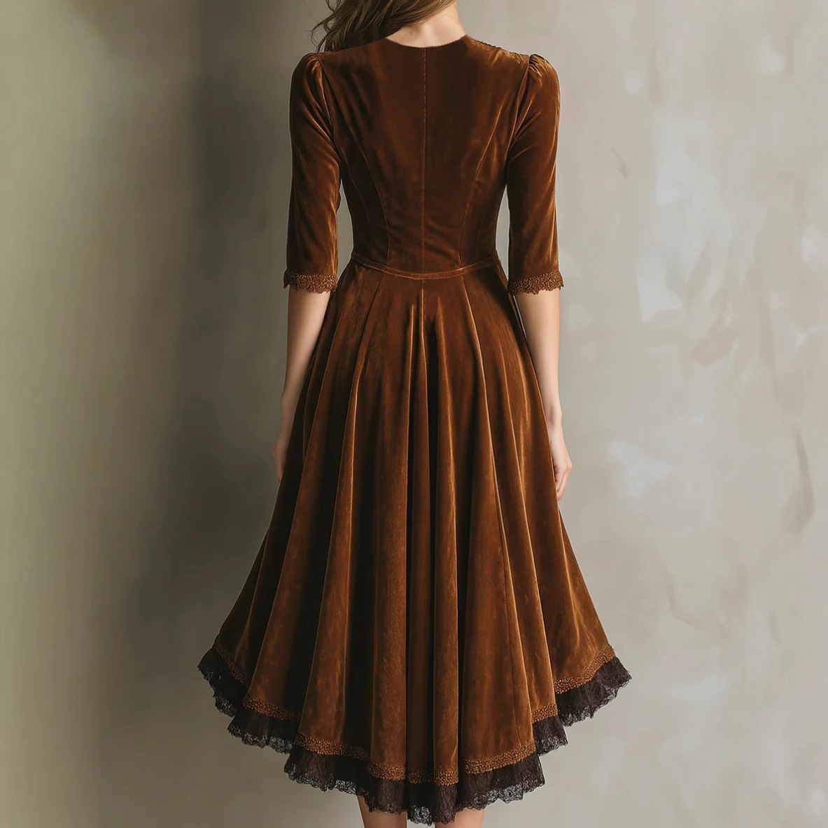 Western V-Neck Velvet Lace Panel Maxi Dress