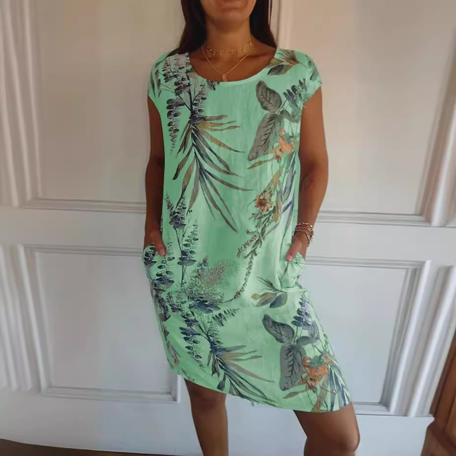 Women's Cotton Linen Print A-Line Dress with Pockets
