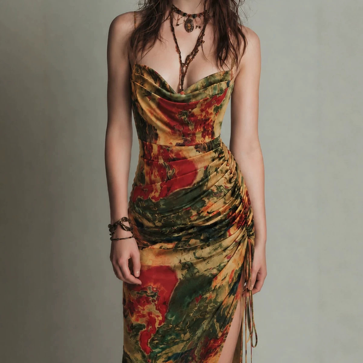 Floral Cami Ruffle Slit Midi Dress