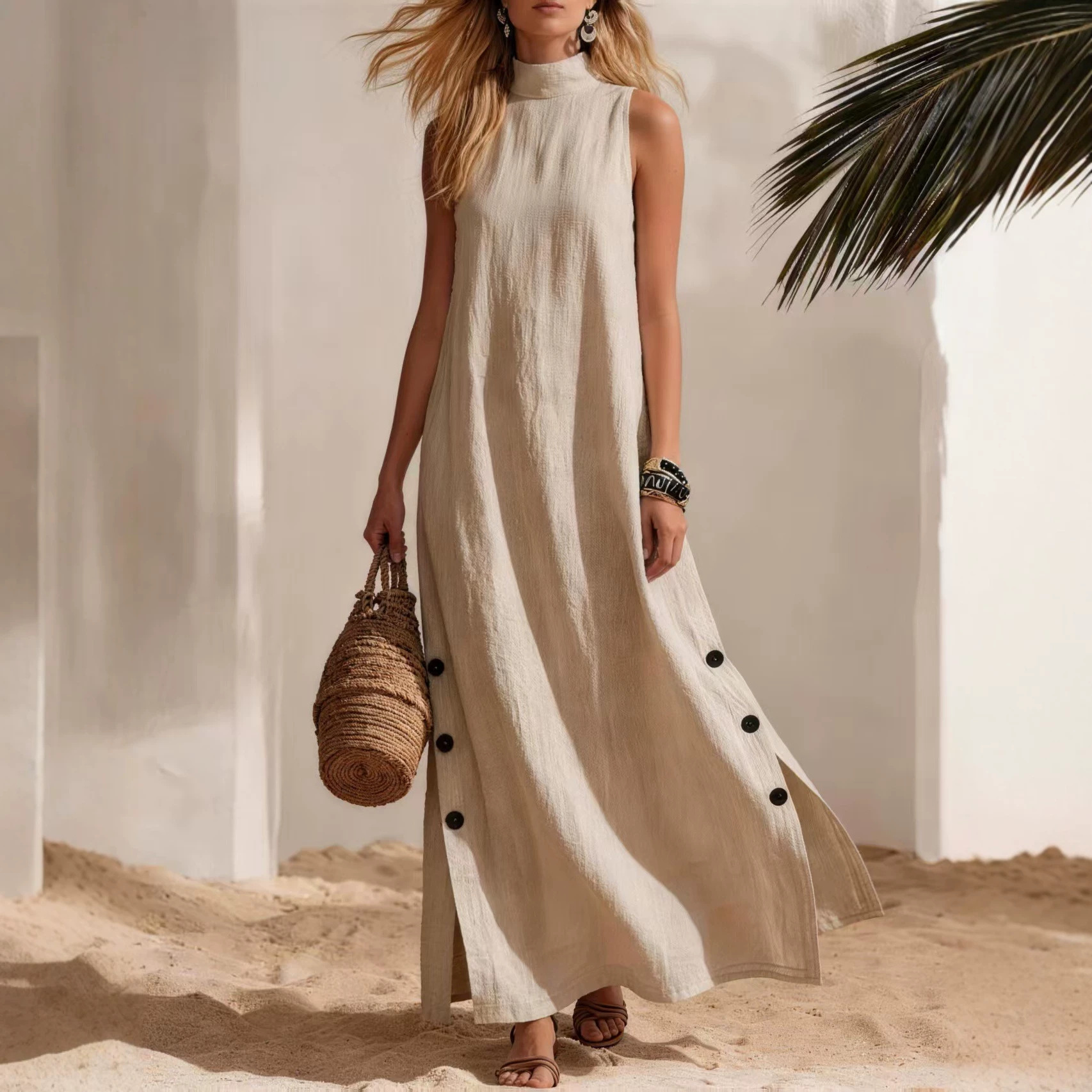 Women's Cotton Linen Short Sleeve Sleeveless Side Slit Midi Dress