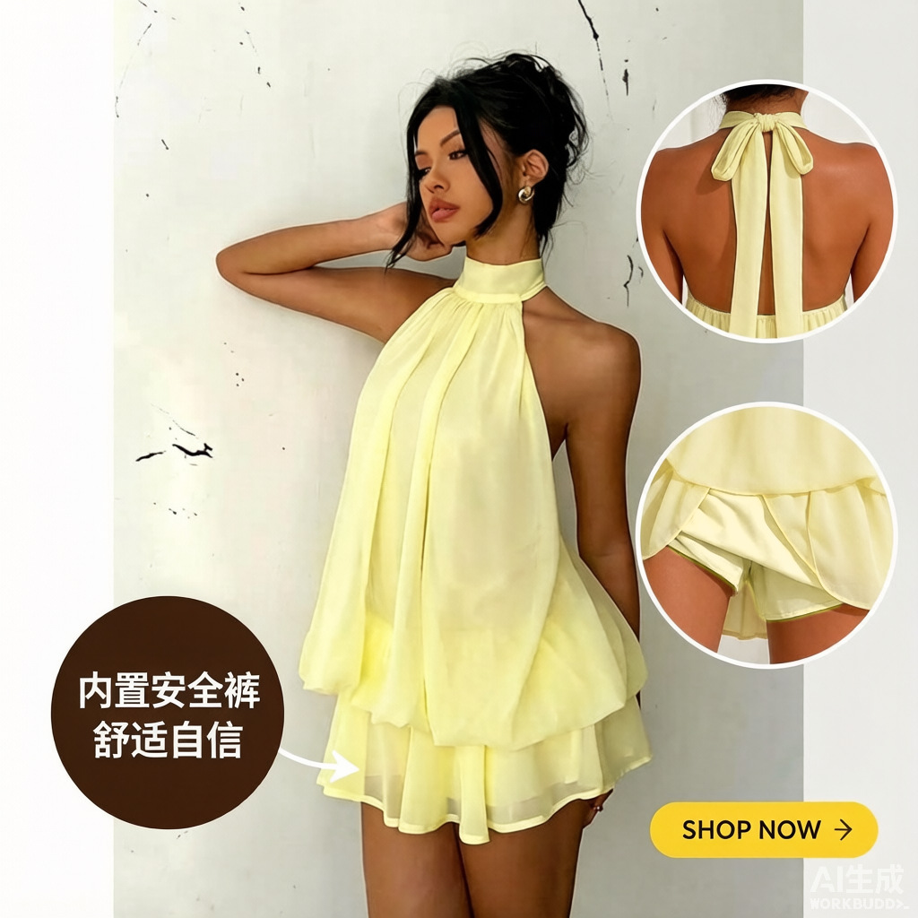 Women's Halter Open-Back Tie Chiffon A-Line Mini Dress with Built-in Shorts