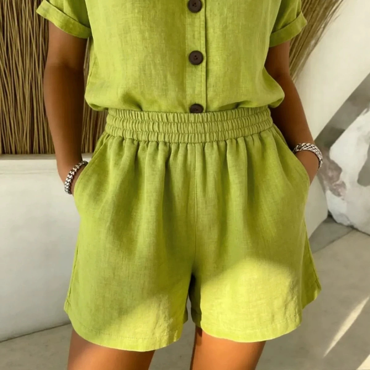 Women's Solid Color Cotton-Linen Casual Shorts with Pockets