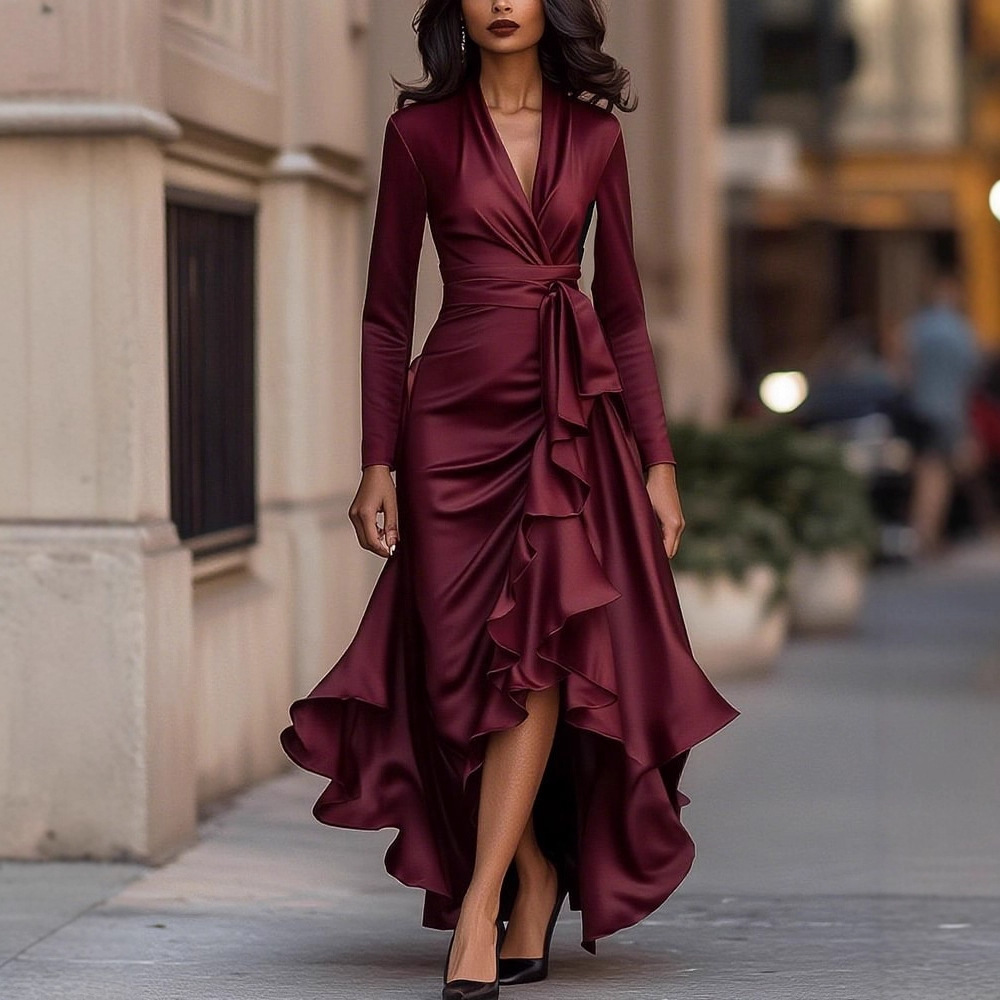 V-Neck Cinched Waist Ruffle Midi Dress