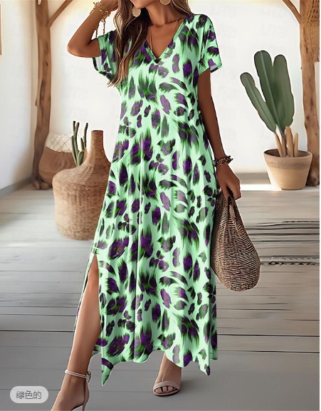 Women's Casual V-Neck Split Short Sleeve Dress with Digital Print