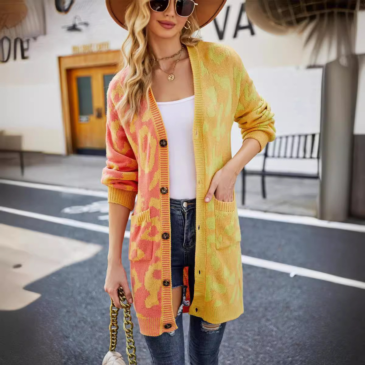 Leopard Print Color Block Knit Cardigan Mid-Length Women's Sweater
