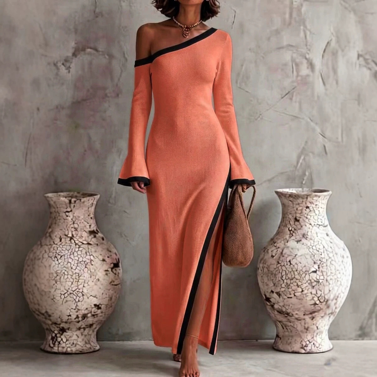 Women's Color-Block One-Shoulder Long-Sleeve Bodycon Dress