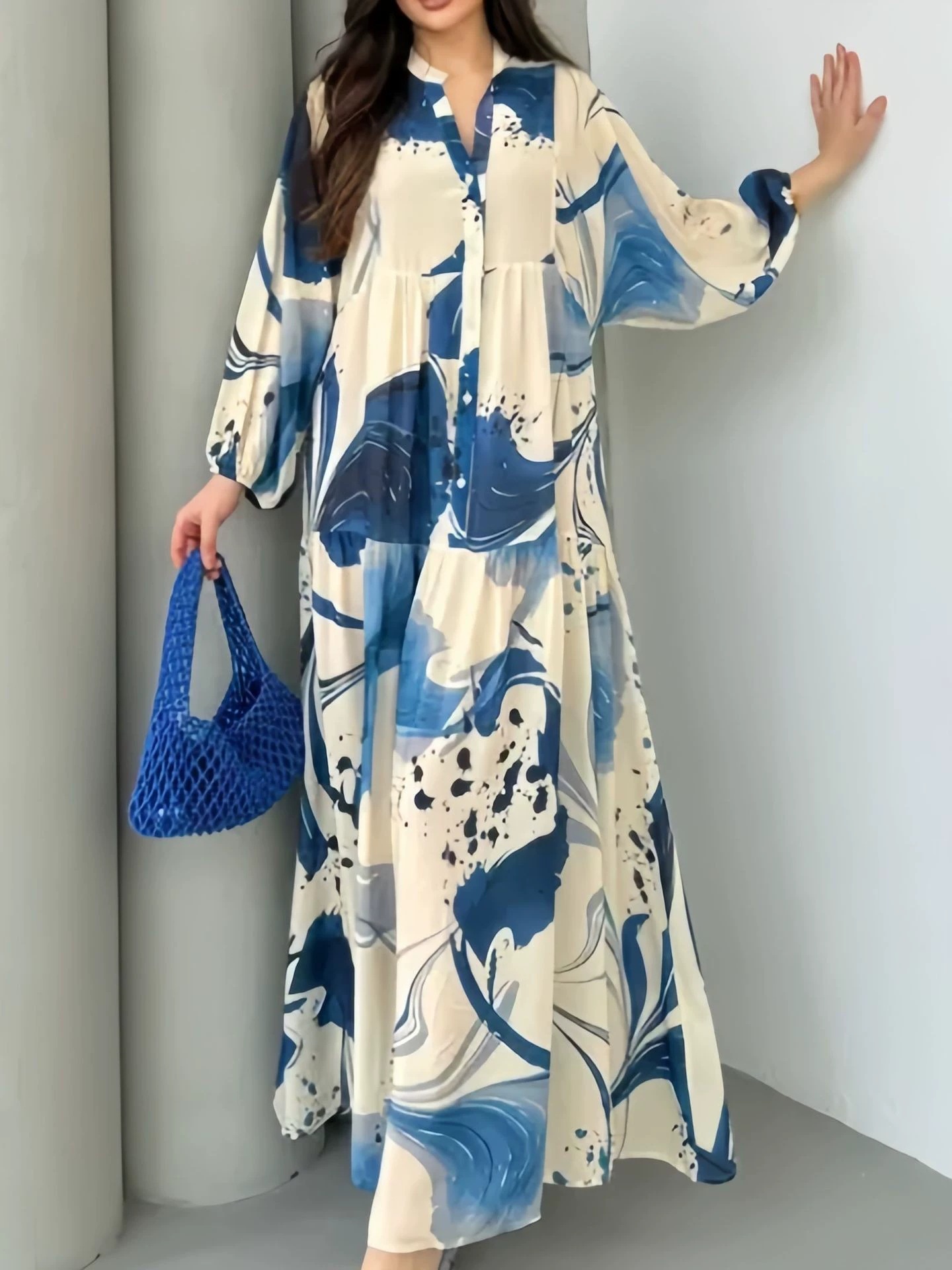 Printed V-Neck Long-Sleeve Loose Casual Maxi Dress