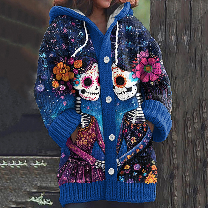 Women's Halloween Zombie Floral Print Hooded Button Cardigan Sweater