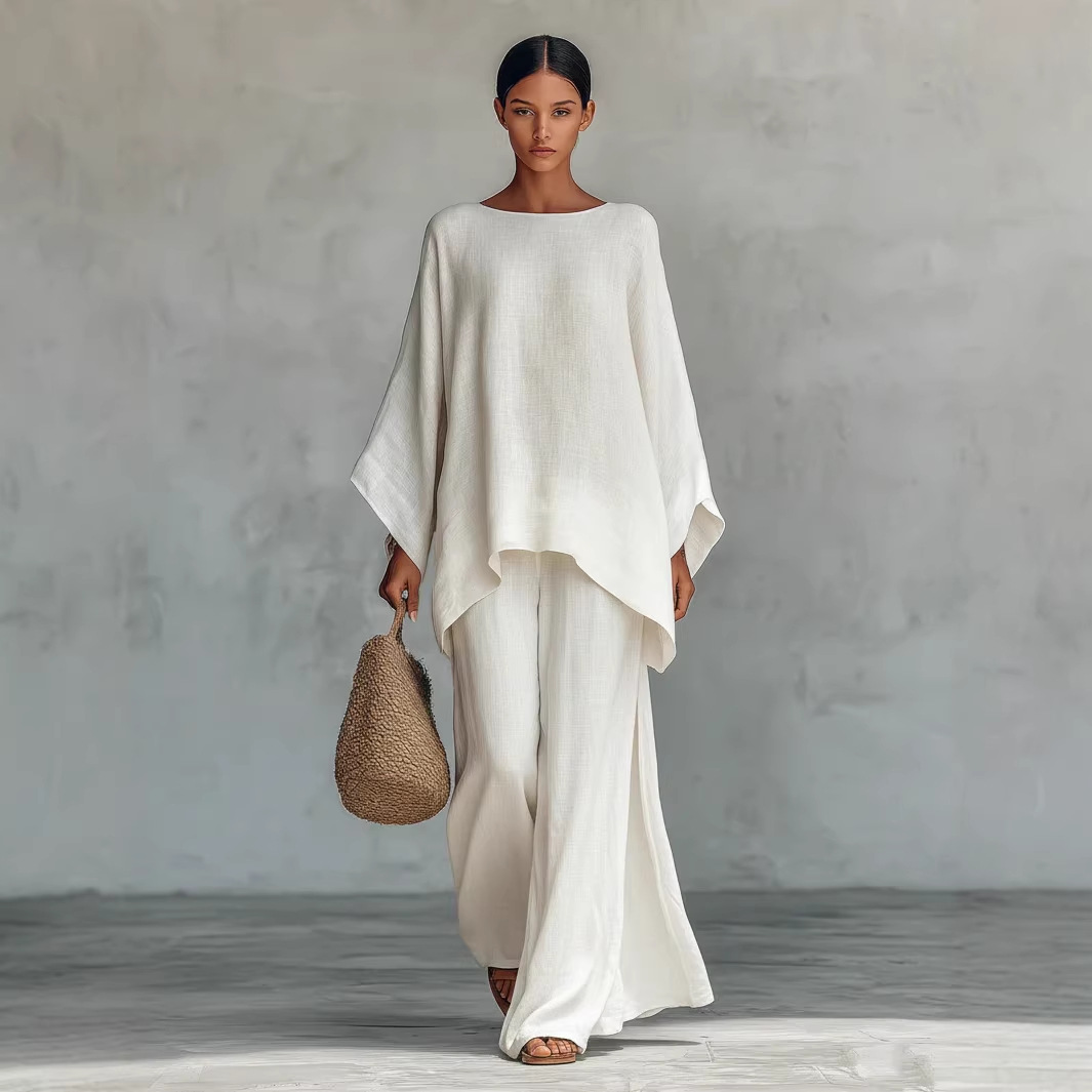 Women's Elegant Loose Solid Color Shirt and Wide-Leg Pants Set