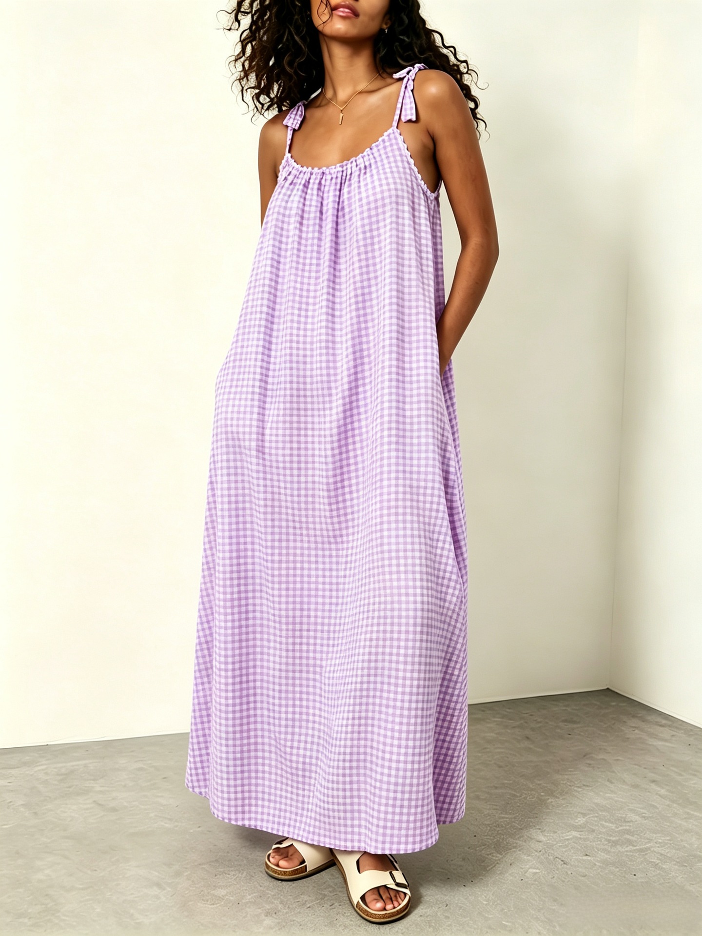Women's Summer Sleeveless Plaid Maxi Dress Casual Loose Fit