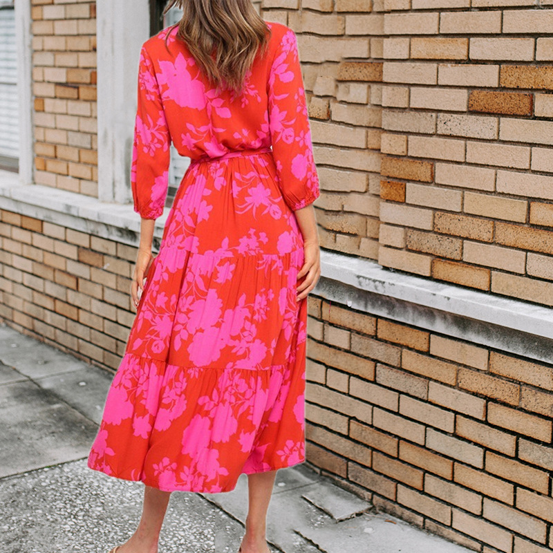V-Neck Floral Print A-Line Maxi Dress
