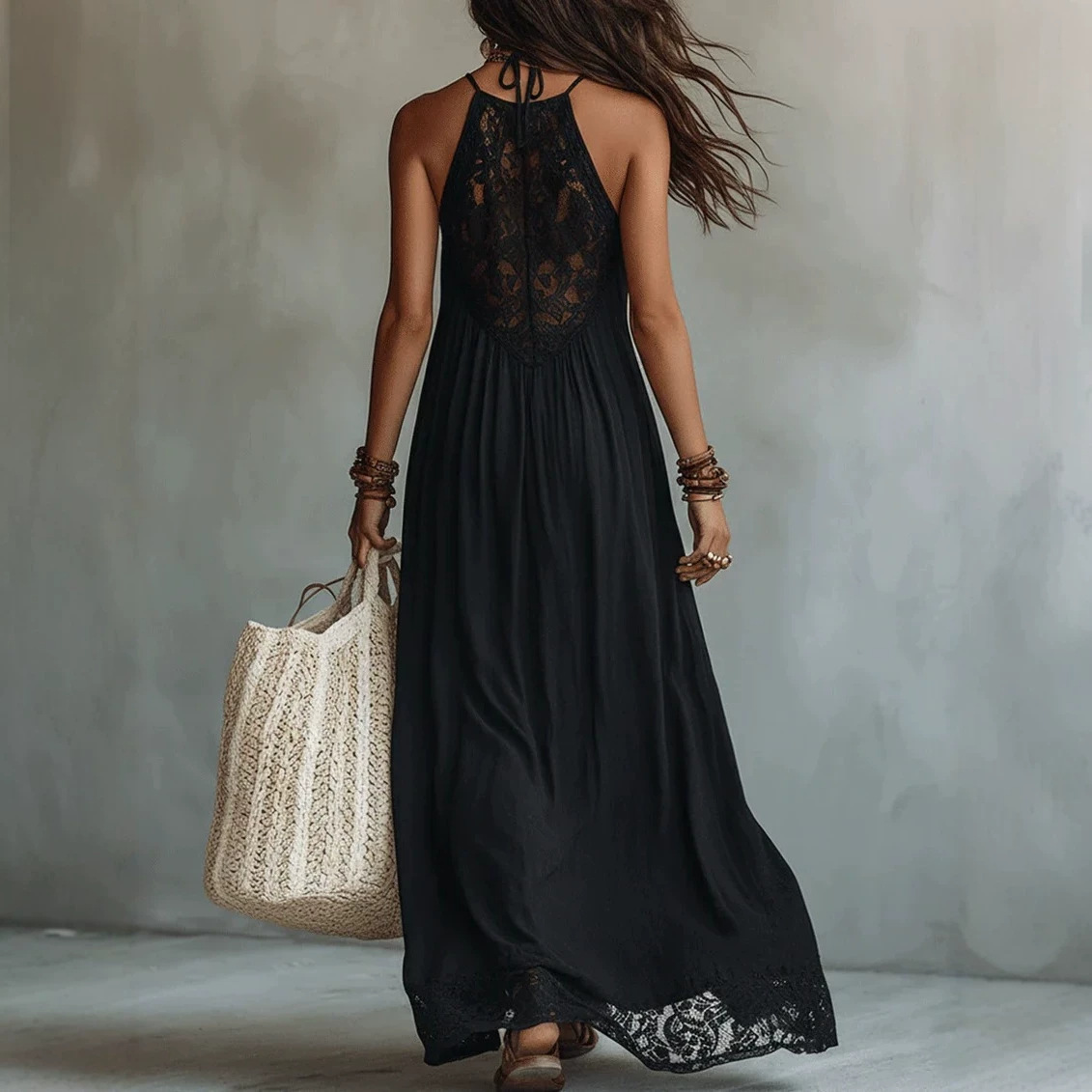 Black Lace Panel Sleeveless Maxi Dress Loose Vacation Style