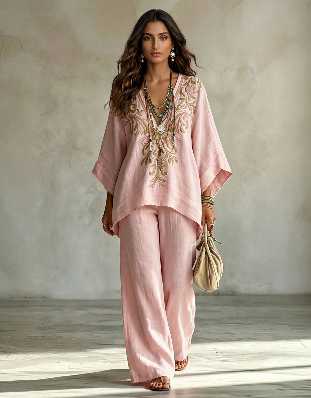 Printed Round Neck Top and Wide-Leg Pants Casual Two-Piece Set