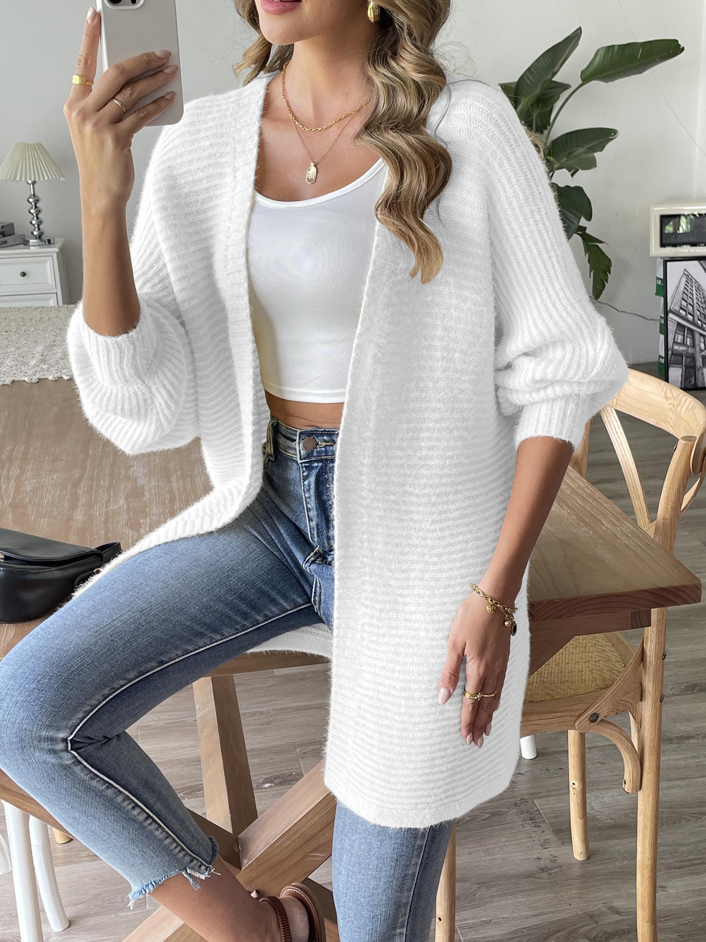 Women's Faux Mink Cardigan Sweater Coat V-Neck Long Sleeve Solid