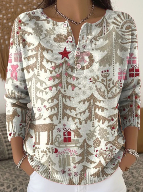 Women's Forest Crow Snowflake Print Button Sweatshirt
