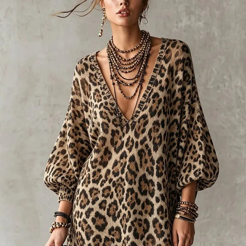 Deep V-Neck Leopard Lace Panel Bodycon Dress