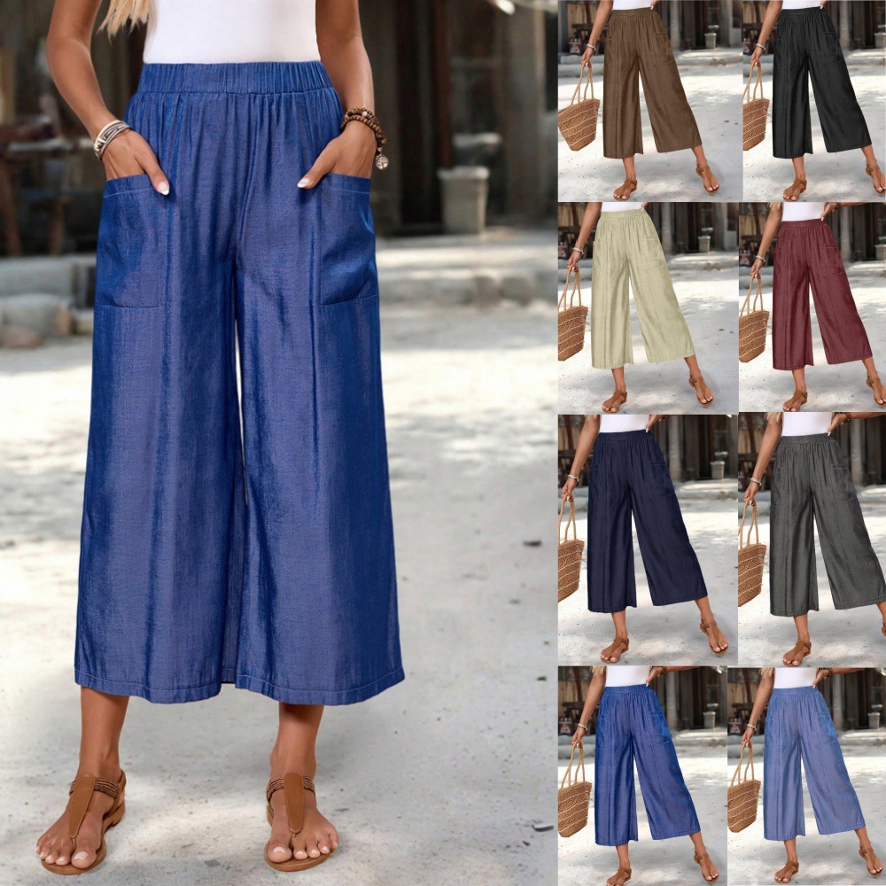 Women's Loose Wide-Leg Capri Pants with Pockets Casual