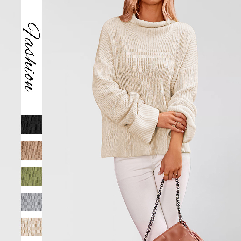 Women's Solid Color Bell Sleeve Crewneck Pullover Knit Sweater