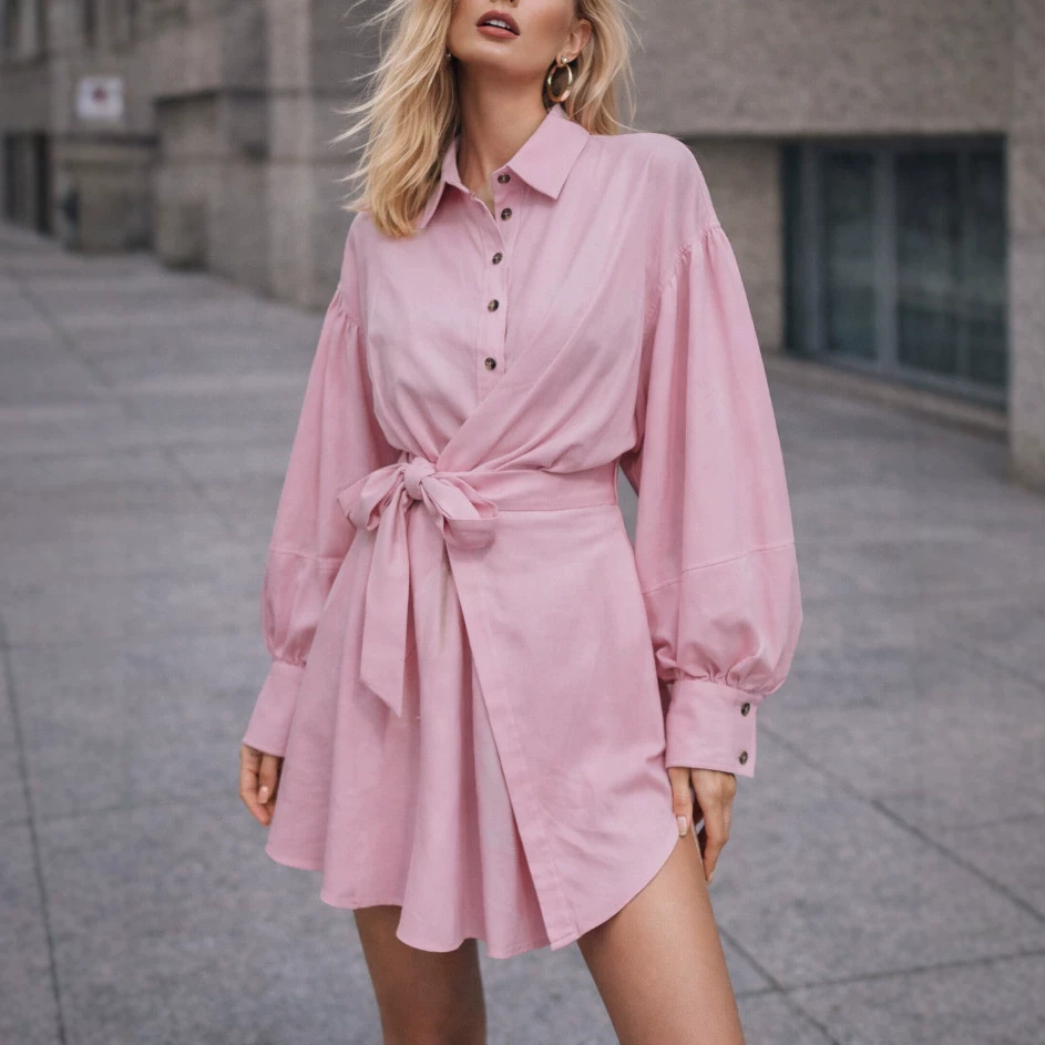 Elegant Solid Color Tie-Waist Lantern Sleeve Shirt Dress